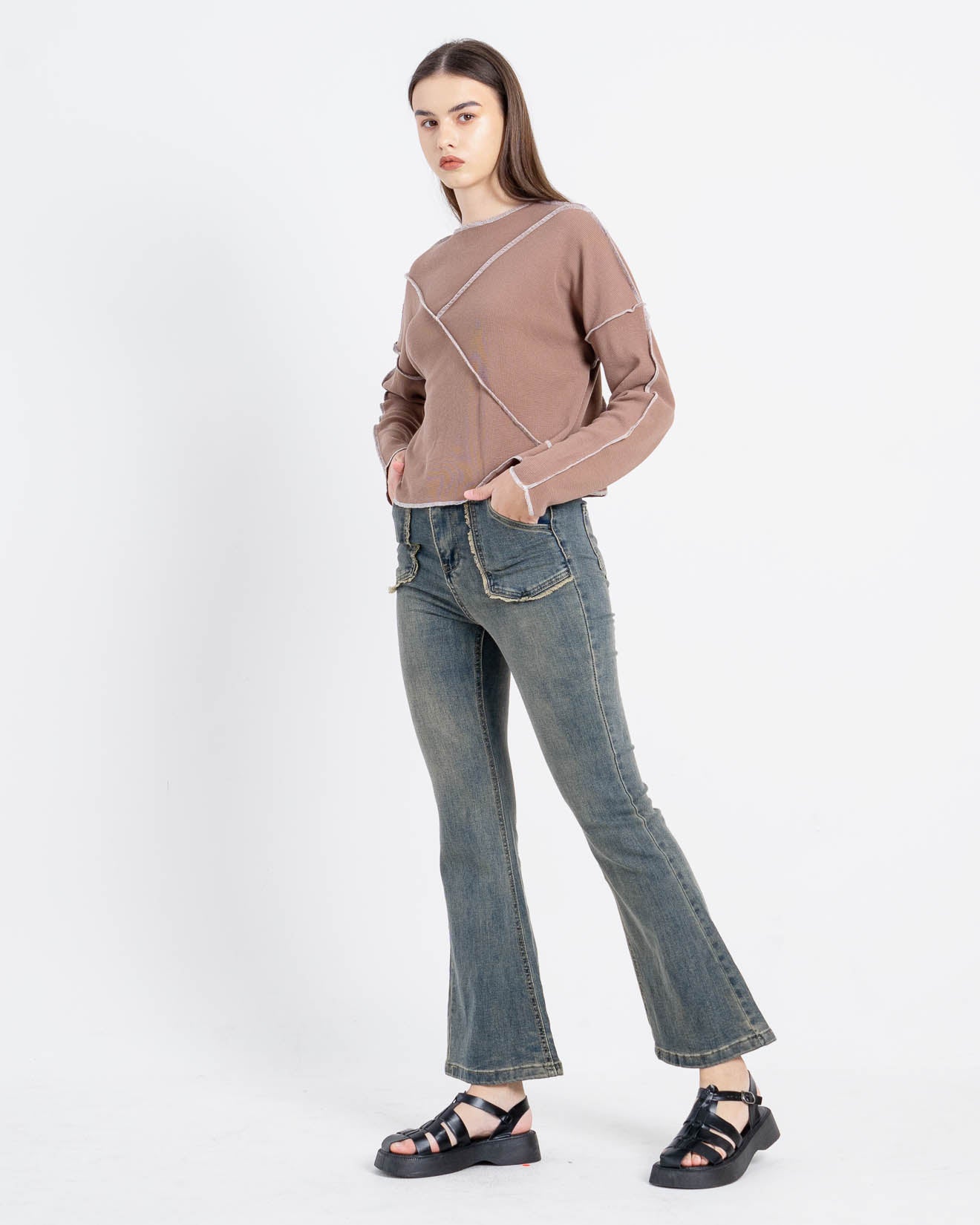 Roxane Oversized Stitches Brown Top – 188201