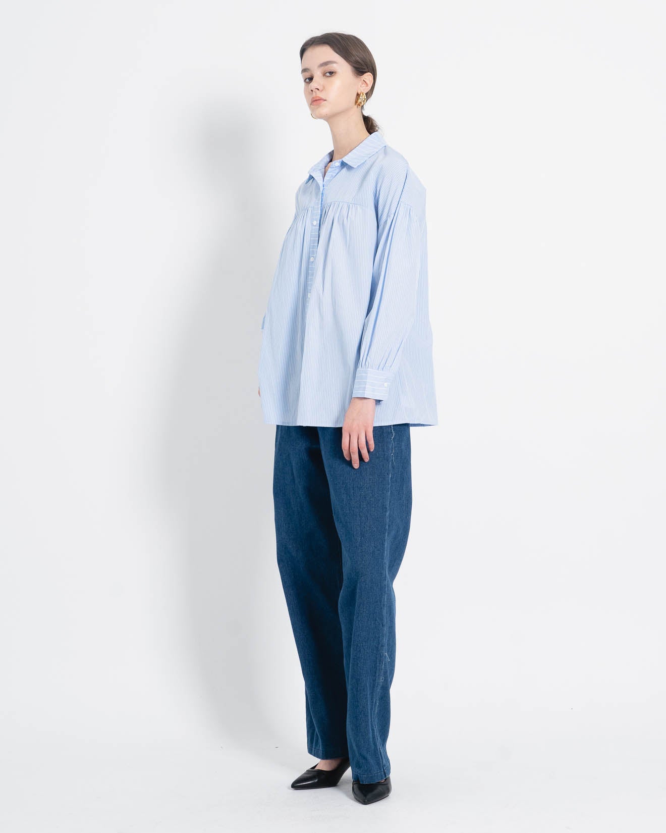 Cory Oversized Stripped Blue Shirt – Blouse Wanita lengan Panjang - 188337