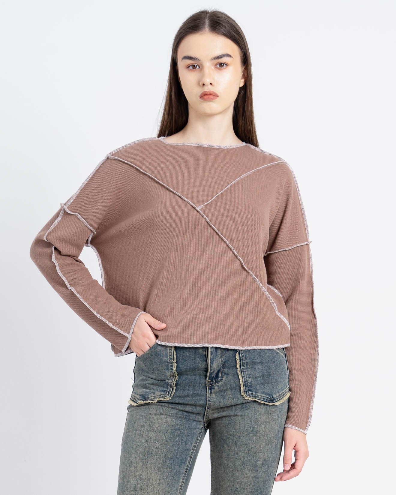 Roxane Oversized Stitches Brown Top – 188201