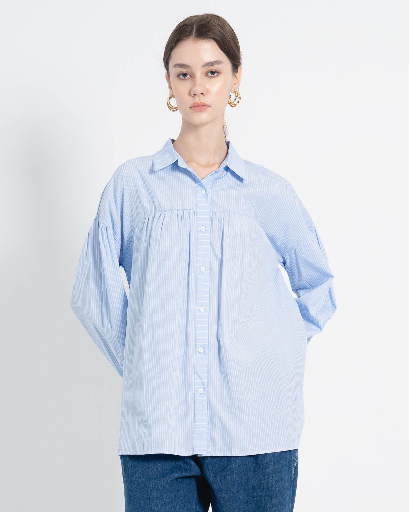 Cory Oversized Stripped Blue Shirt – Blouse Wanita lengan Panjang - 188337