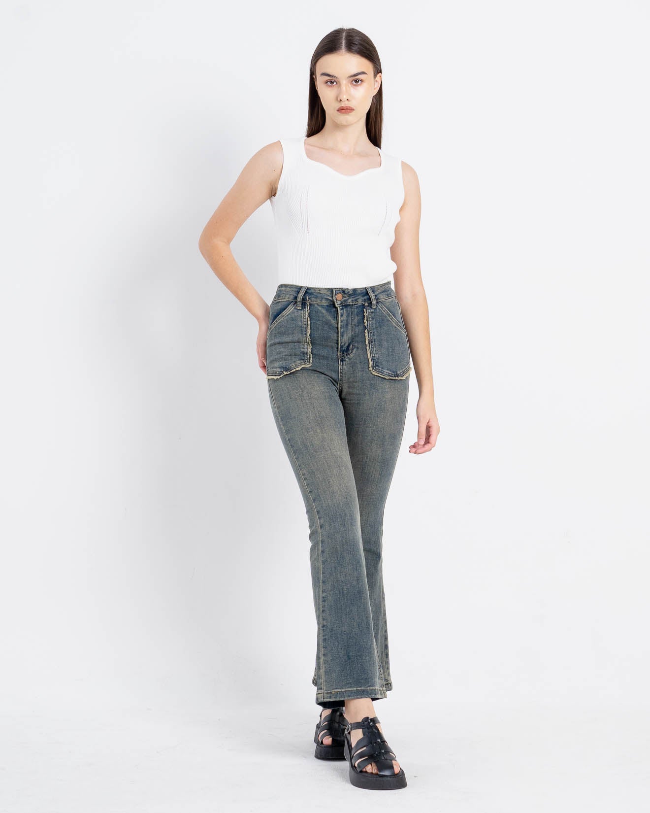 Jonas Fringe Pockets Black Denim Pants – Celana Panjang Casual Wanita - 288801