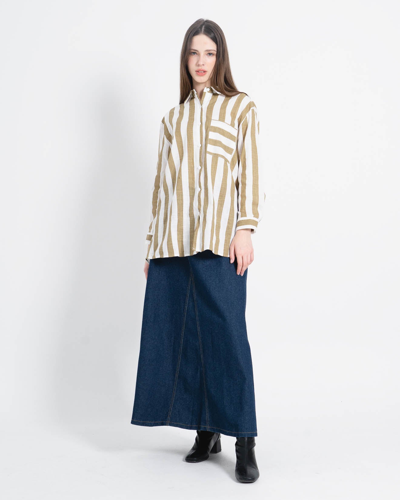 Andine Oversized Big Stripped Navy Shirt – Atasan Lengan Panjang Wanita - 188609