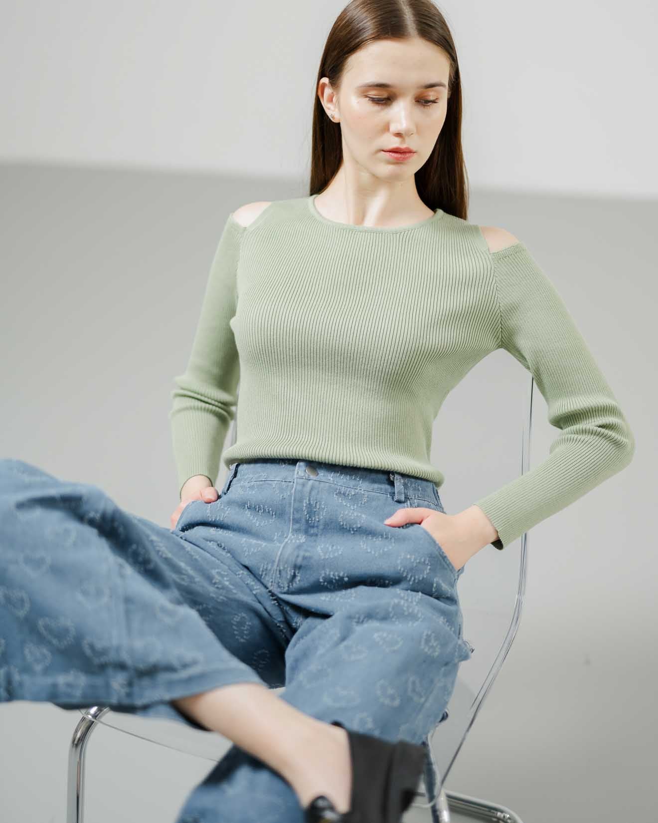 Aeros Cut-Out Knit Green Top - Atasan Wanita Rajut Lengan Panjang - 189432