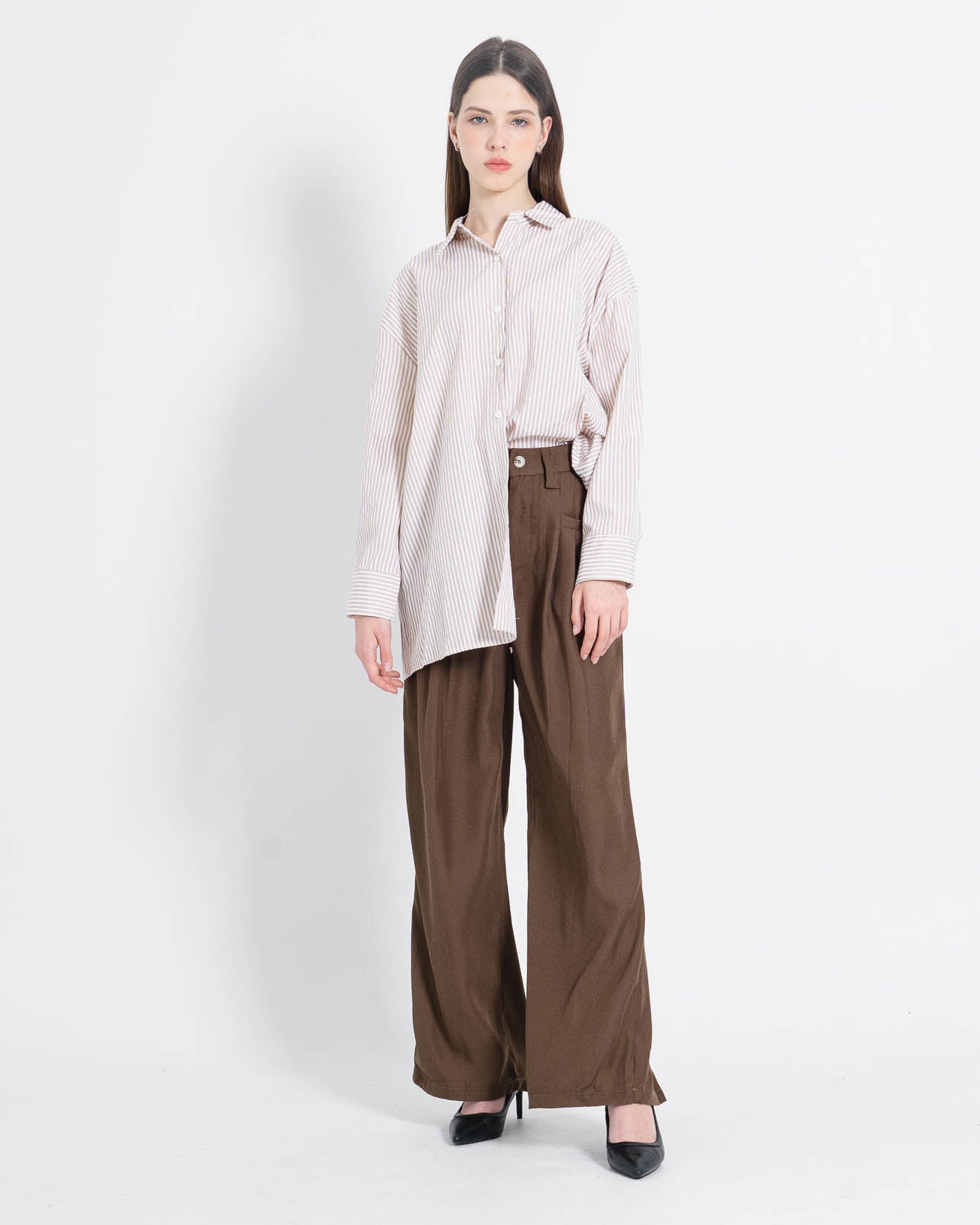 Rasha Oversized Stripped Brown Shirt – Kemeja Wanita Lengan Panjang- 188963