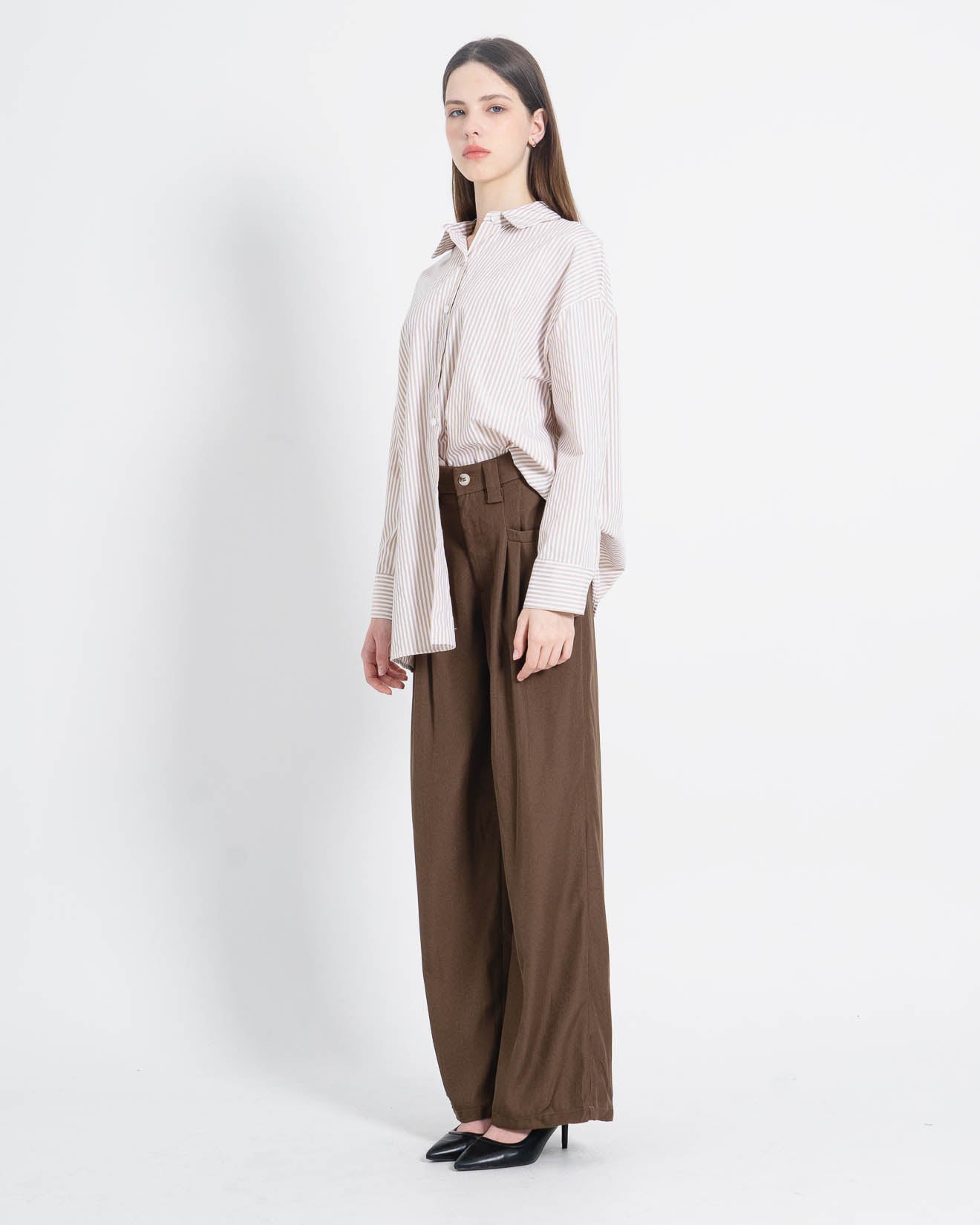 Rasha Oversized Stripped Brown Shirt – Kemeja Wanita Lengan Panjang- 188963