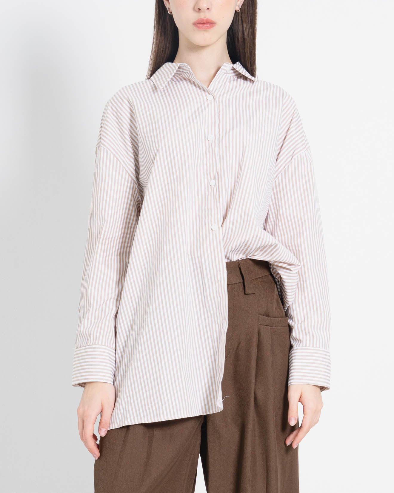 Rasha Oversized Stripped Brown Shirt – Kemeja Wanita Lengan Panjang- 188963