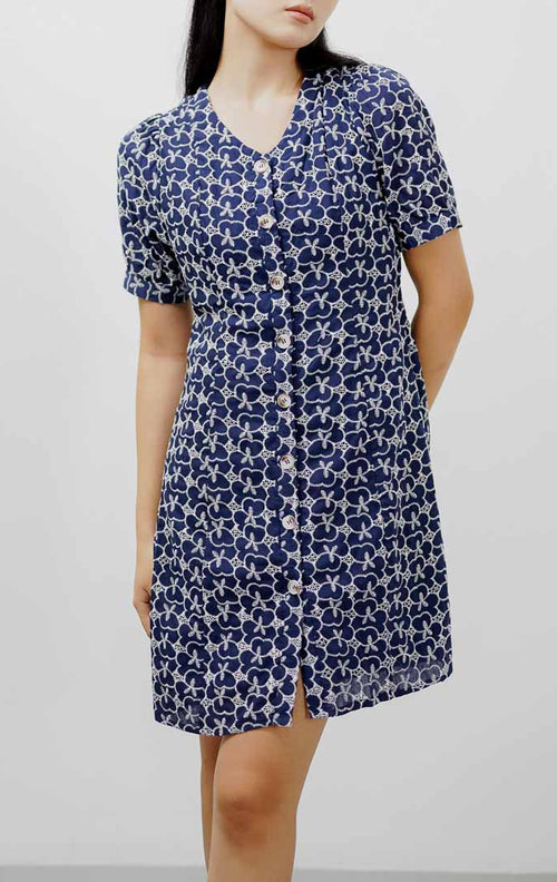 Clementine Embroidery Navy Dress –  Gaun Midi Wanita Kekinian