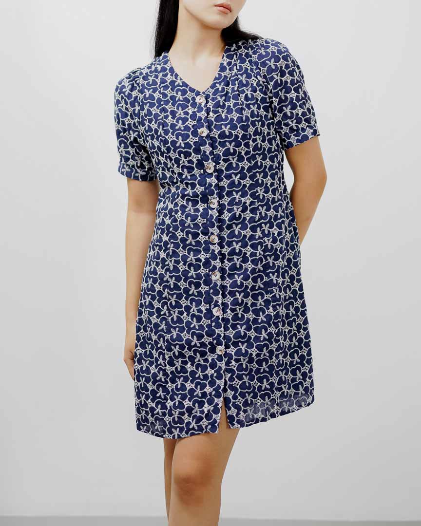 Clementine Embroidery Navy Dress –  Gaun Midi Wanita Kekinian