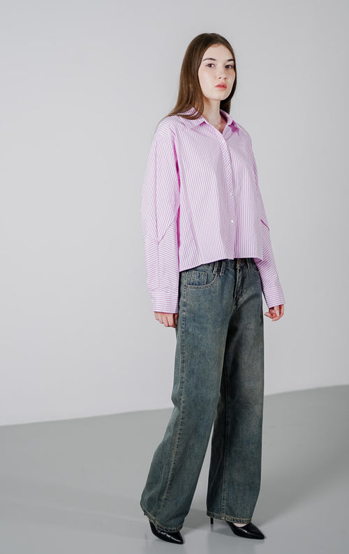 Marsha Oversized Striped Pink Shirt - Atasan Wanita Lengan Panjang Kekinian - 189443