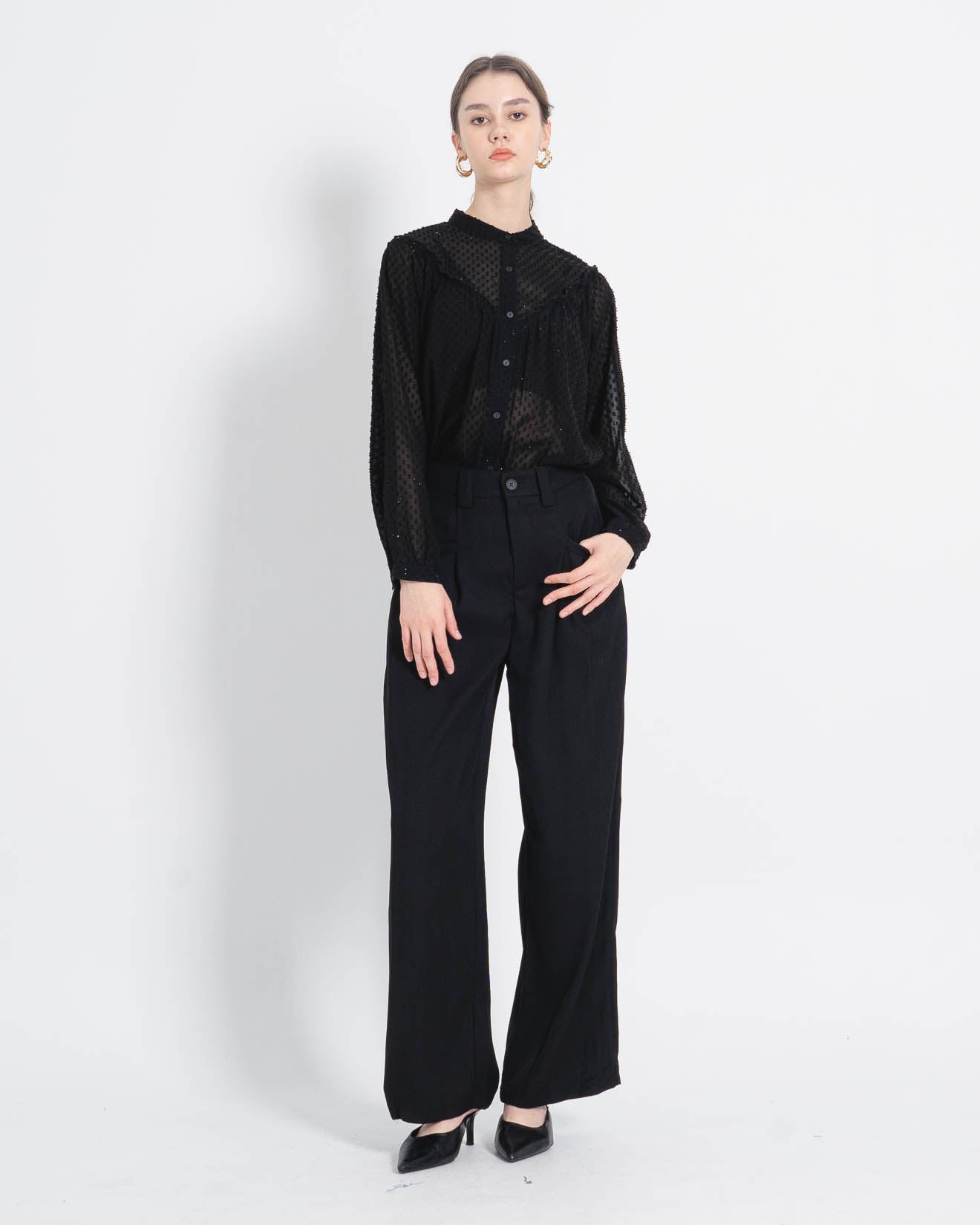 Johana Textured Sheer Black Blouse – Atasan Casual Lengan Panjang Wanita - 188441