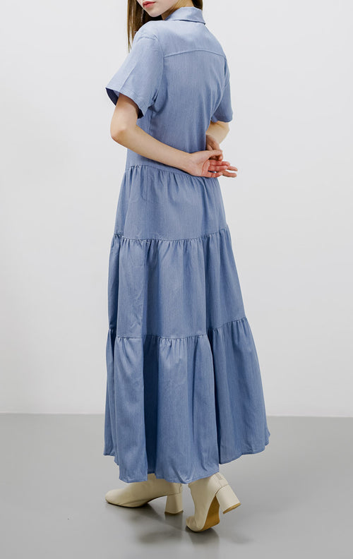 Beverly Long Ruffle Blue Dress – Gaun Maxi Wanita Casual - 789903