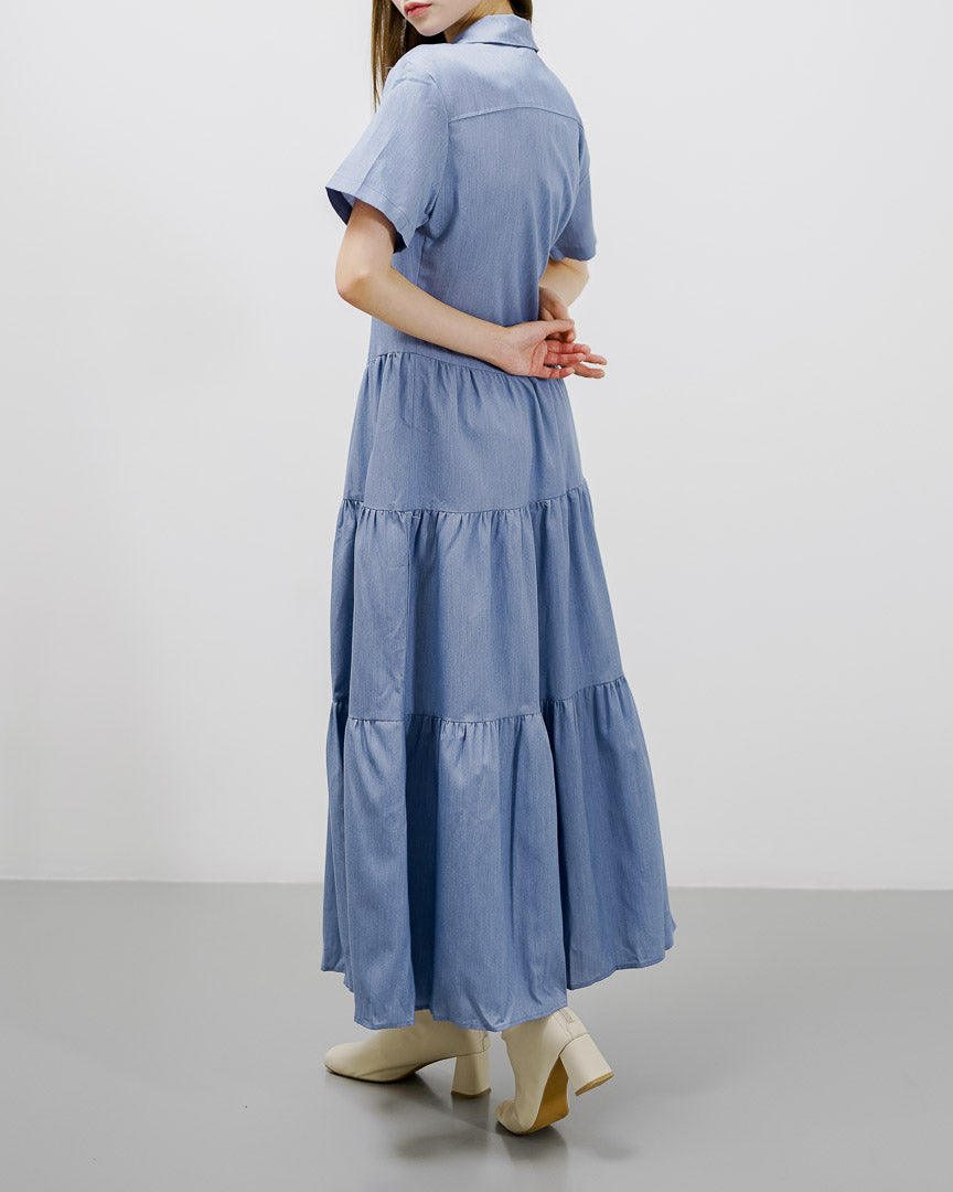 Beverly Long Ruffle Blue Dress – Gaun Maxi Wanita Casual - 789903