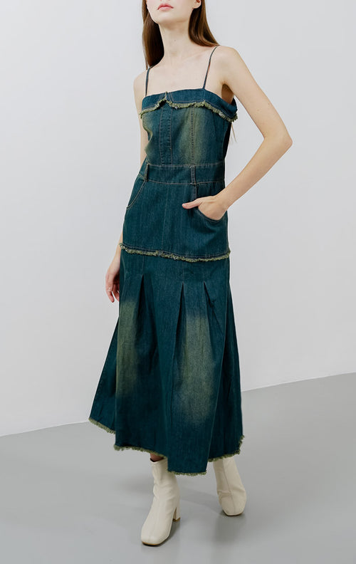 Katarina Fringed Strap Denim Dress –  Gaun Wanita Kekinian