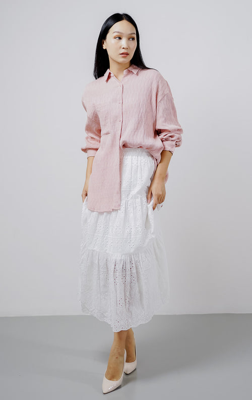 Carmen Textured Pleats Pink Shirt – Baju Atasan Kemeja Wanita