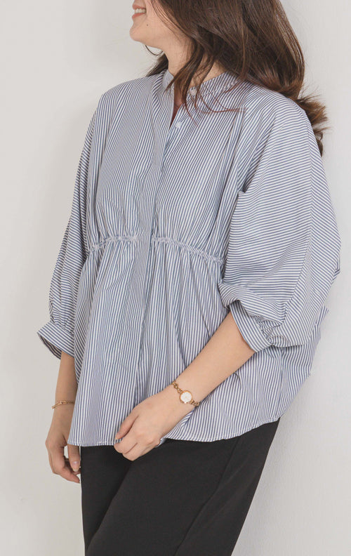 Ginera Stripe Top Blue – Atasan Wanita Lengan Panjang Hijab Friendly