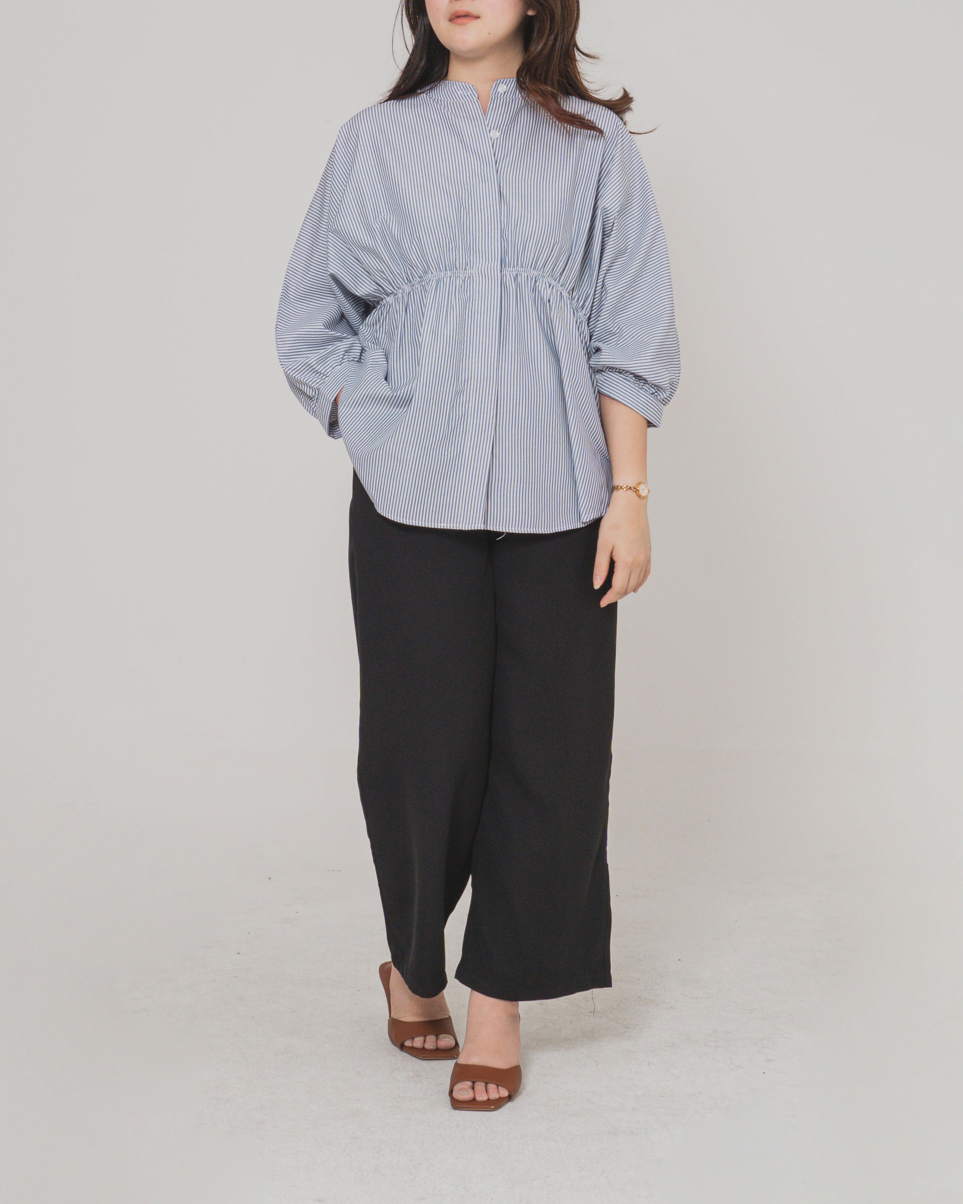 Ginera Stripe Top Blue – Atasan Wanita Lengan Panjang Hijab Friendly