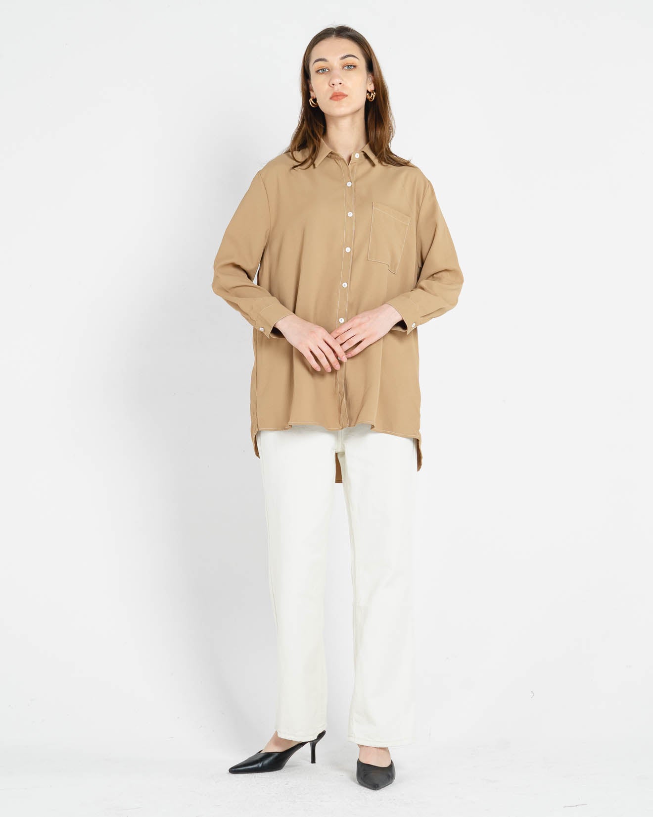 Azra Oversized Stitches Brown Shirt – Atasan Casual Wanita - 188923