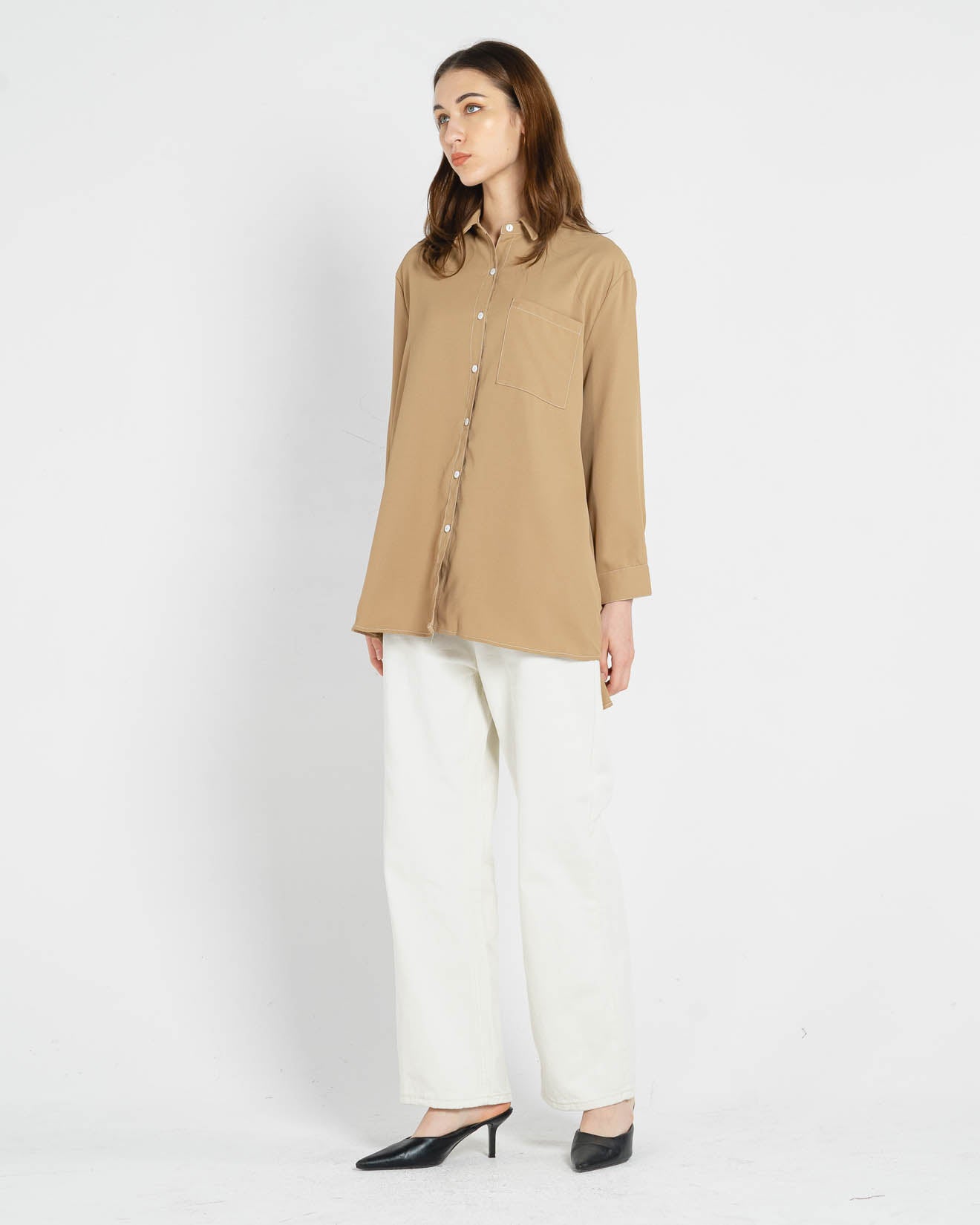 Azra Oversized Stitches Brown Shirt – Atasan Casual Wanita - 188923