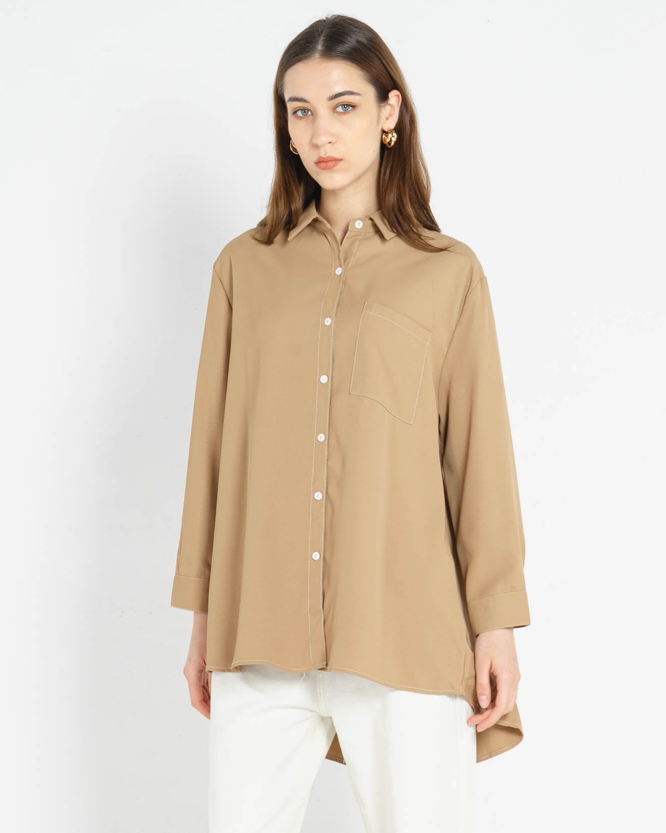 Azra Oversized Stitches Brown Shirt – Atasan Casual Wanita - 188923