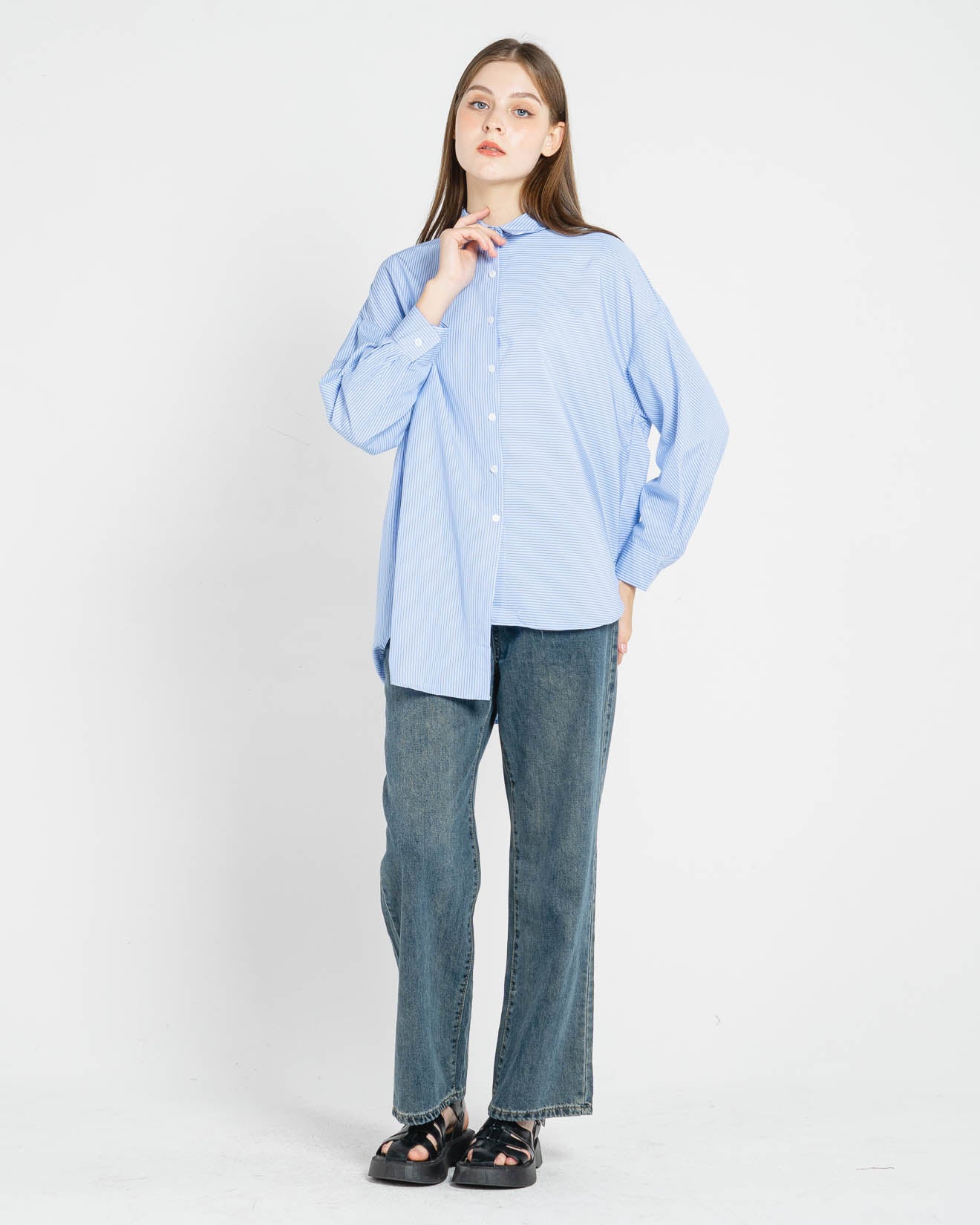 Elara Asymmetric Oversized Stripped Blue Shirt – Top Casual Wanita - 188938