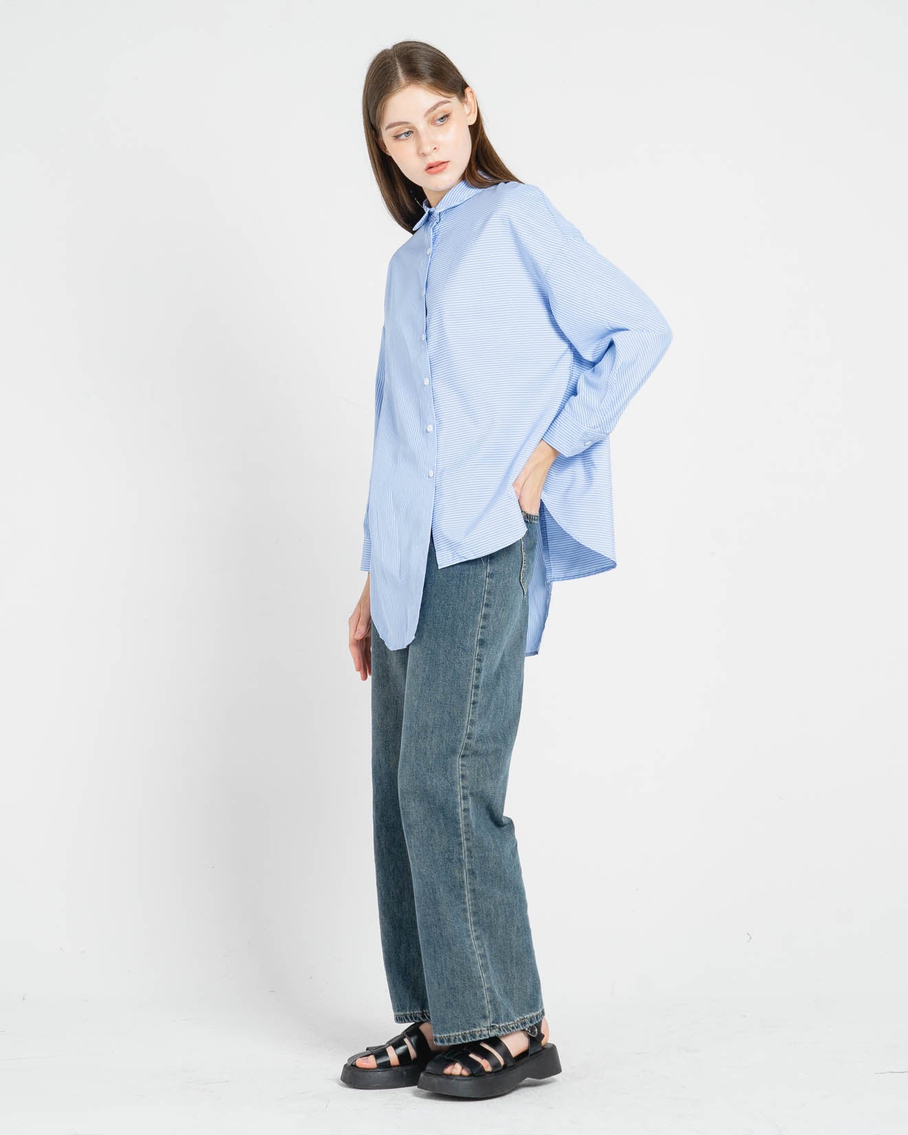 Elara Asymmetric Oversized Stripped Blue Shirt – Top Casual Wanita - 188938