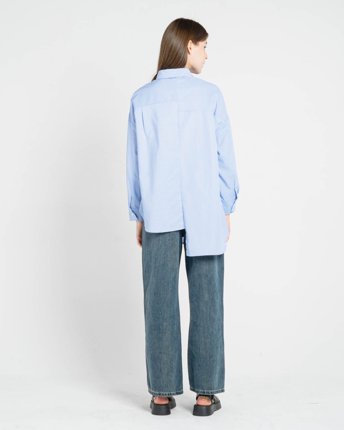 Elara Asymmetric Oversized Stripped Blue Shirt – Top Casual Wanita - 188938