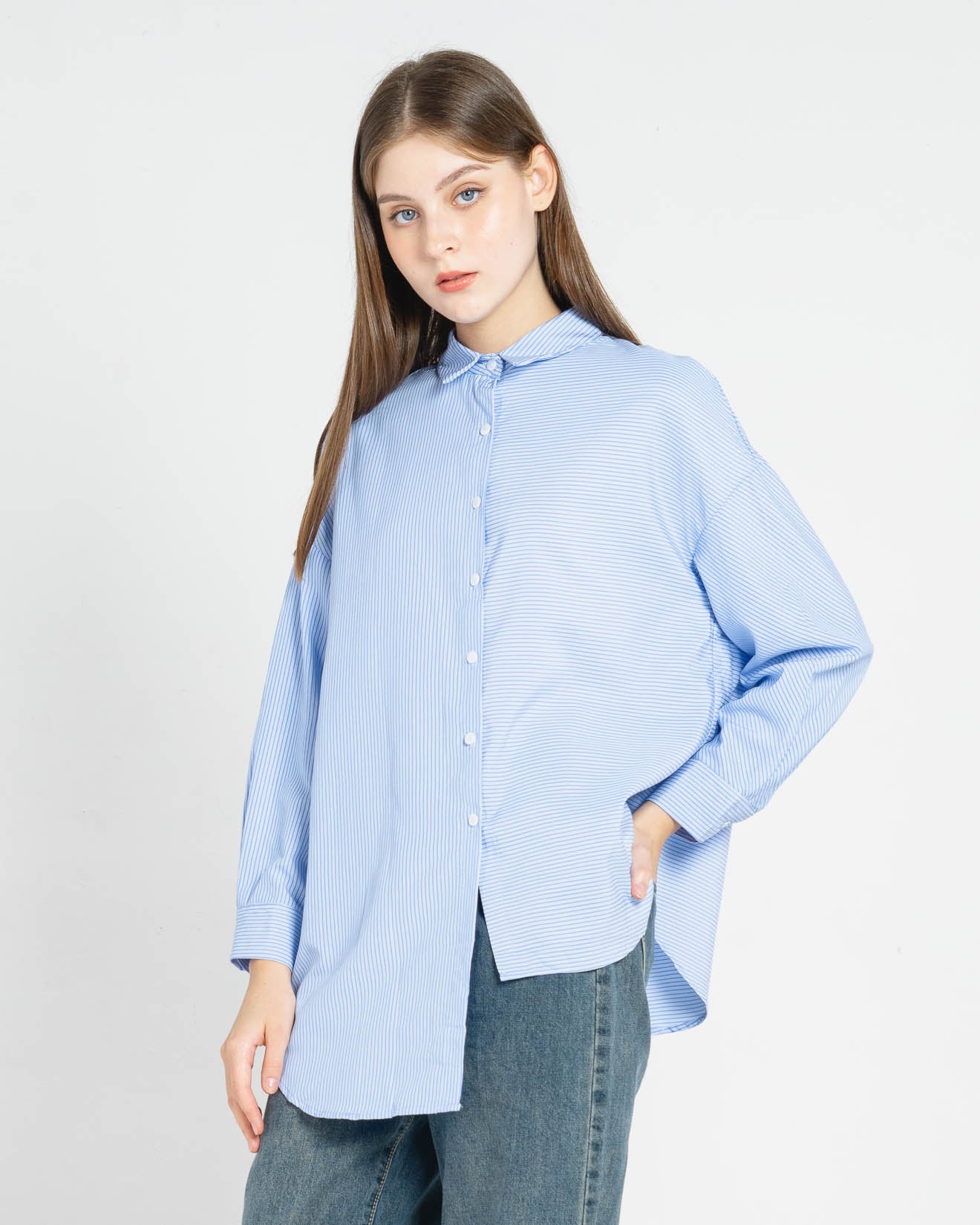 Elara Asymmetric Oversized Stripped Blue Shirt – Top Casual Wanita - 188938