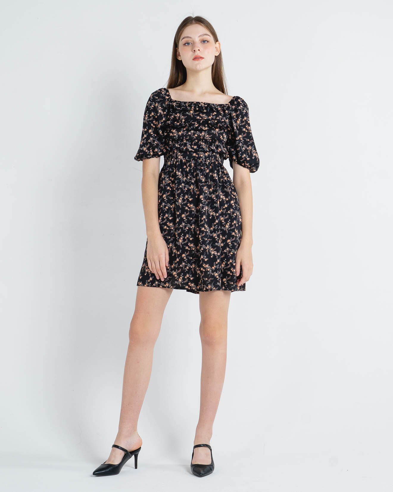 Lily Printed Puff Sleeve Midi Black Dress – Dress Casual Wanita - 788949