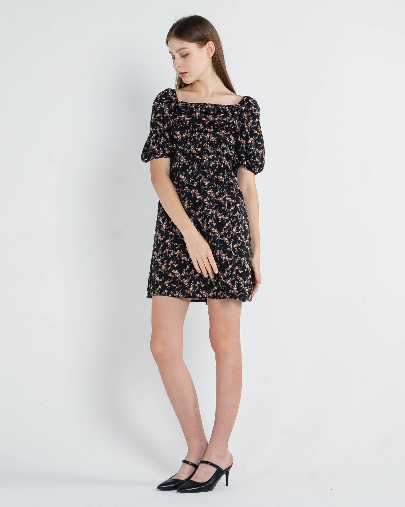 Lily Printed Puff Sleeve Midi Black Dress – Dress Casual Wanita - 788949