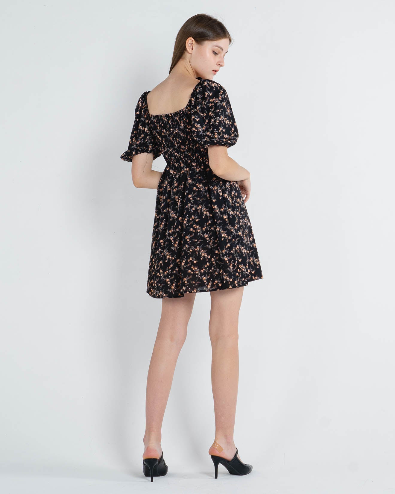 Lily Printed Puff Sleeve Midi Black Dress – Dress Casual Wanita - 788949