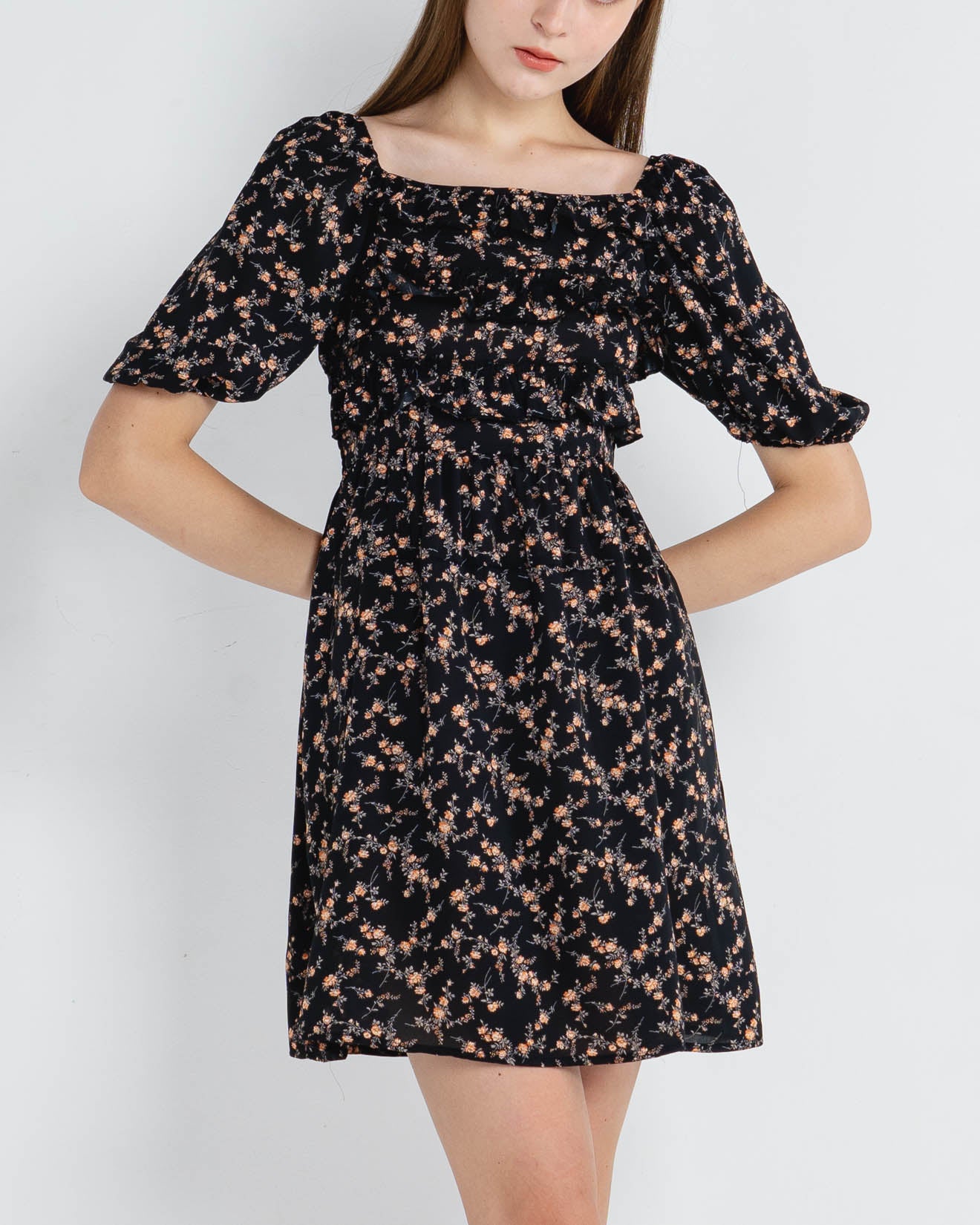 Lily Printed Puff Sleeve Midi Black Dress – Dress Casual Wanita - 788949