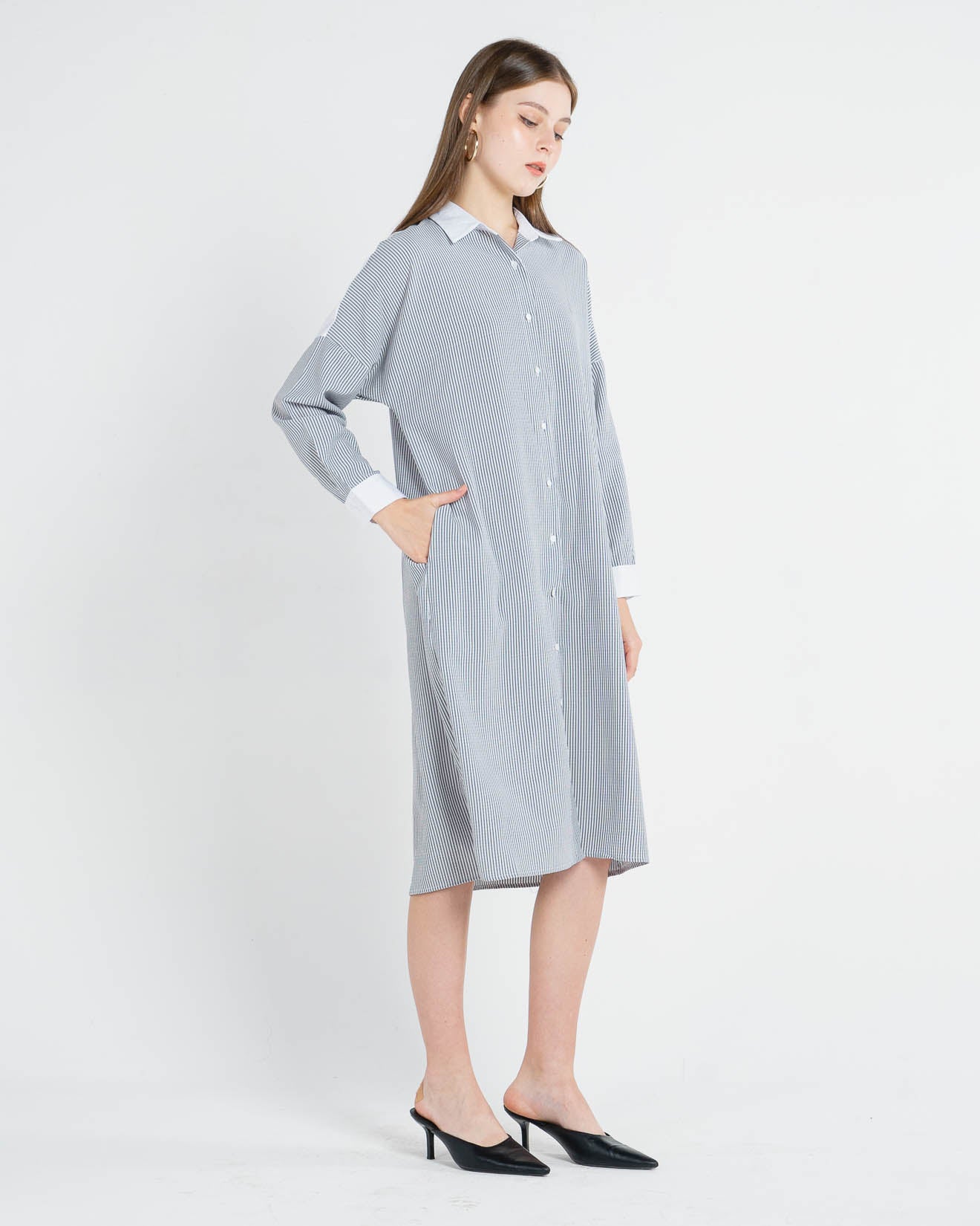 Casare Oversized Stripped Long Grey Shirt – Dress Casual Wanita - 788335