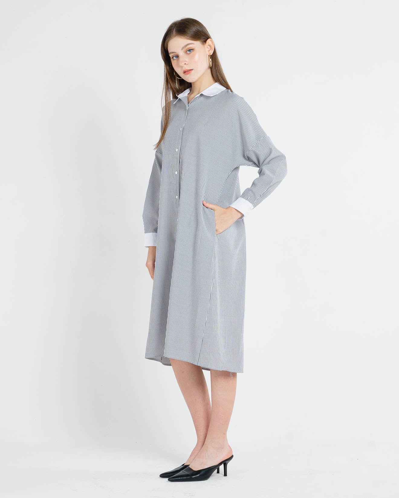 Casare Oversized Stripped Long Grey Shirt – Dress Casual Wanita - 788335