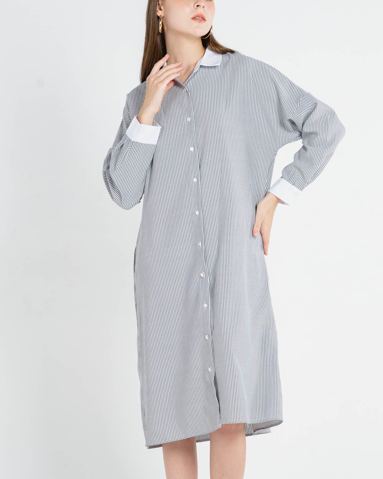 Casare Oversized Stripped Long Grey Shirt – Dress Casual Wanita - 788335