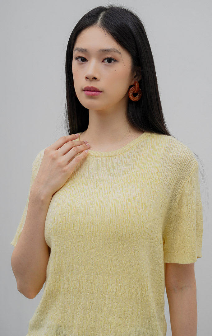 Atasan rajut wanita lengan pendek warna kuning muda (butter yellow) Anatella Top dengan kerah bulat (crew-neck) dan tekstur rajut halus (fine textured knit).