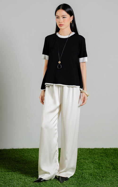 Marilyn A-line Shortsleeve Knit Top warna black, baju atasan rajut lengan pendek wanita model melebar warna hitam aksen putih dari This Is April. 