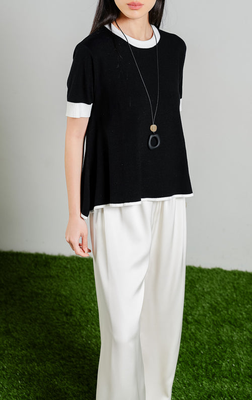 Marilyn A-line Shortsleeve Knit Top warna black, baju atasan rajut lengan pendek wanita model melebar warna hitam aksen putih dari This Is April. 