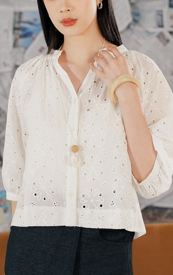 Model wanita mengenakan Ceara Top White, sebuah atasan blouse putih bahan crochet/eyelet dengan motif bunga berlubang. Baju memiliki kancing depan, kerah V rendah tanpa lapel, dan lengan 3/4 model balon (puff sleeves) untuk gaya vintage modern.