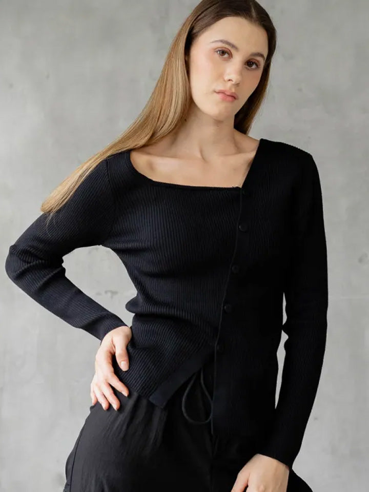 Hailey Assymetrical Knit Black Top - 187345