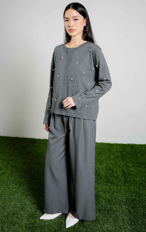 Portia Rhinestones Cardigan warna grey, baju kardigan rajut lengan panjang wanita warna abu-abu dengan detail manik-manik kristal dari This Is April.