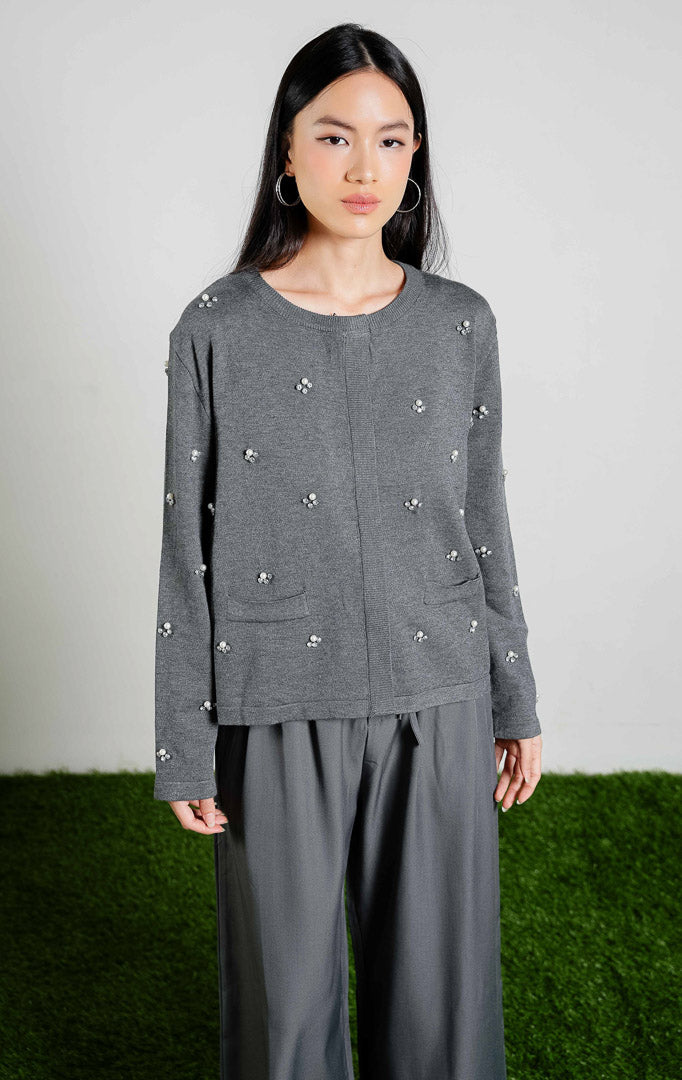 Portia Rhinestones Cardigan warna grey, baju kardigan rajut lengan panjang wanita warna abu-abu dengan detail manik-manik kristal dari This Is April.