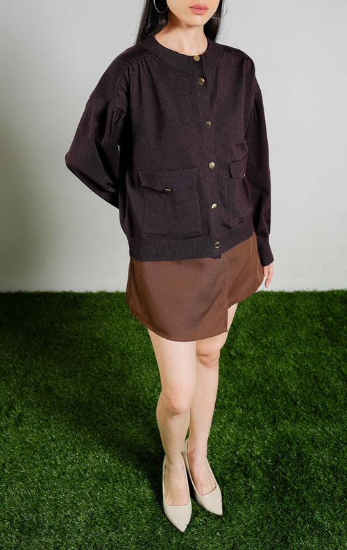 Houston Crewneck Patch Pockets Knit Cardigan warna dark brown, baju kardigan rajut lengan panjang wanita warna cokelat tua dengan kancing emas dari This Is April 
