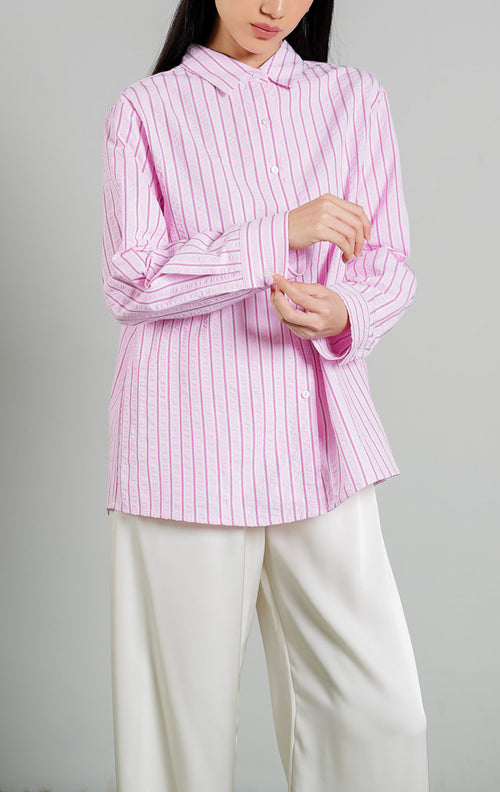 Alexandria Seersucker Striped Button-Up Shirt Top warna pink, kemeja lengan panjang wanita motif garis pink putih bahan katun crinkle seersucker dari This Is April. 