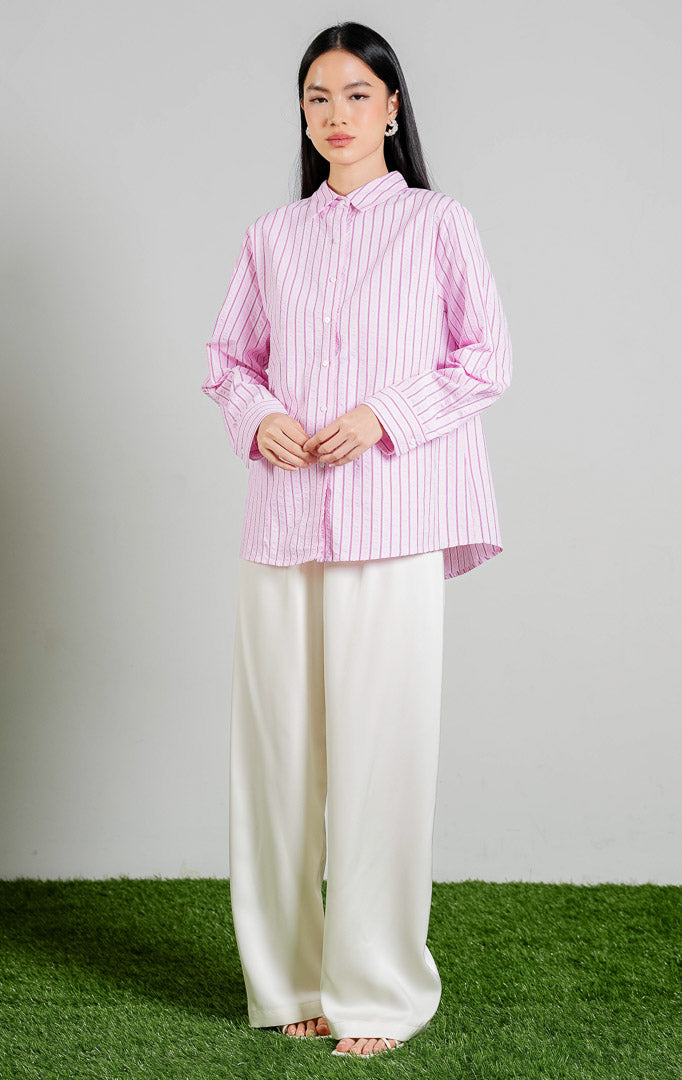 Alexandria Seersucker Striped Button-Up Shirt Top warna pink, kemeja lengan panjang wanita motif garis pink putih bahan katun crinkle seersucker dari This Is April. 