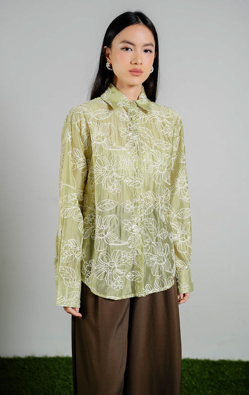 Midsummer Corded Embroidered Collar Shirt Top warna green, kemeja lengan panjang wanita bahan organza transparan motif bordir bunga warna hijau lime dari This Is April. 