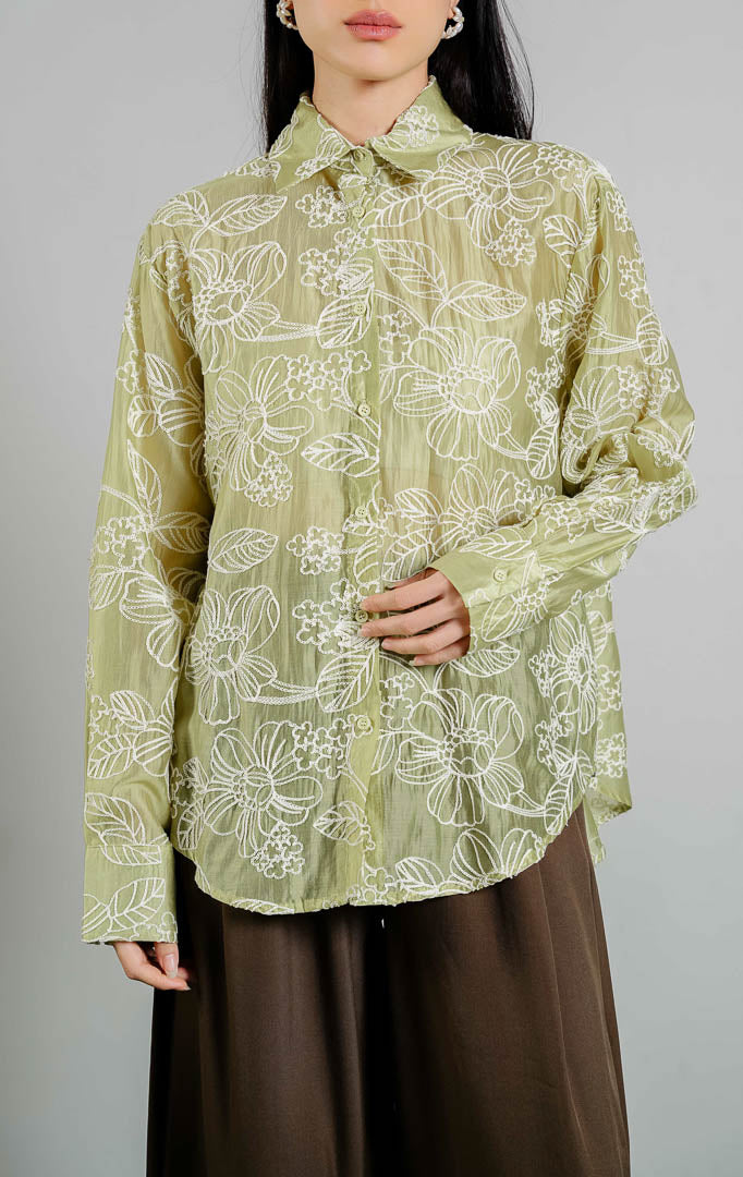 Midsummer Corded Embroidered Collar Shirt Top warna green, kemeja lengan panjang wanita bahan organza transparan motif bordir bunga warna hijau lime dari This Is April. 