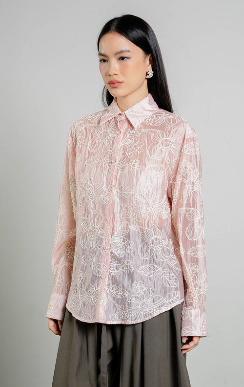 Midsummer Corded Embroidered Collar Shirt Top warna pink, kemeja lengan panjang wanita bahan organza transparan motif bordir bunga warna pink dari This Is April. 