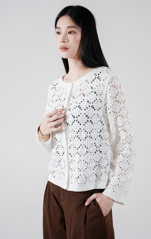 Model mengenakan Lucia Cardigan warna white, kardigan lengan panjang bahan rajut kait (crochet knit) motif floral transparan dengan kancing depan putih.