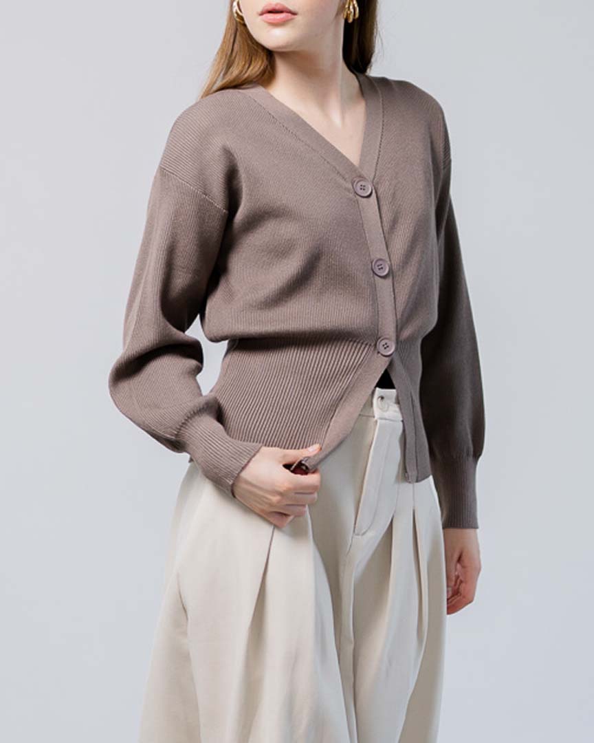 Rowan Waist Fitted Knit Taupe Top – Atasan Cardigan Lengan Panjang Wanita