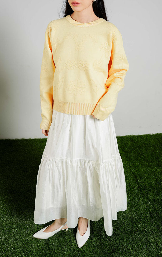 Willow Tonal Jacquard Floral Knit Sweater warna butter yellow, baju sweter rajut lengan panjang wanita motif bunga timbul warna kuning muda dari This Is April.